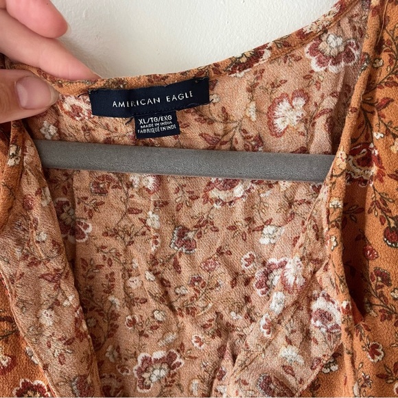 American Eagle Rust Floral Boho Mini Dress XL Bell Sleeve Smocked Waist Festival - Picture 12 of 12
